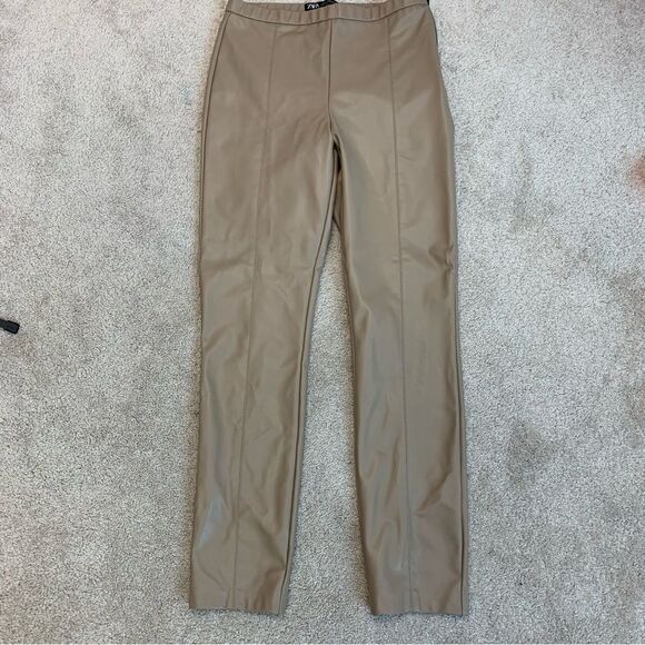 Zara Taupe brown vegan faux leather leggings zipper slit hem Sz L - Picture 6 of 15
